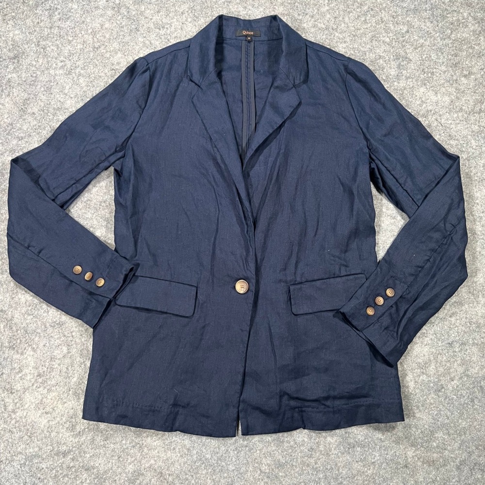 Quince Blazer Womens M Navy Blue 100% European Linen Single Button Relaxed